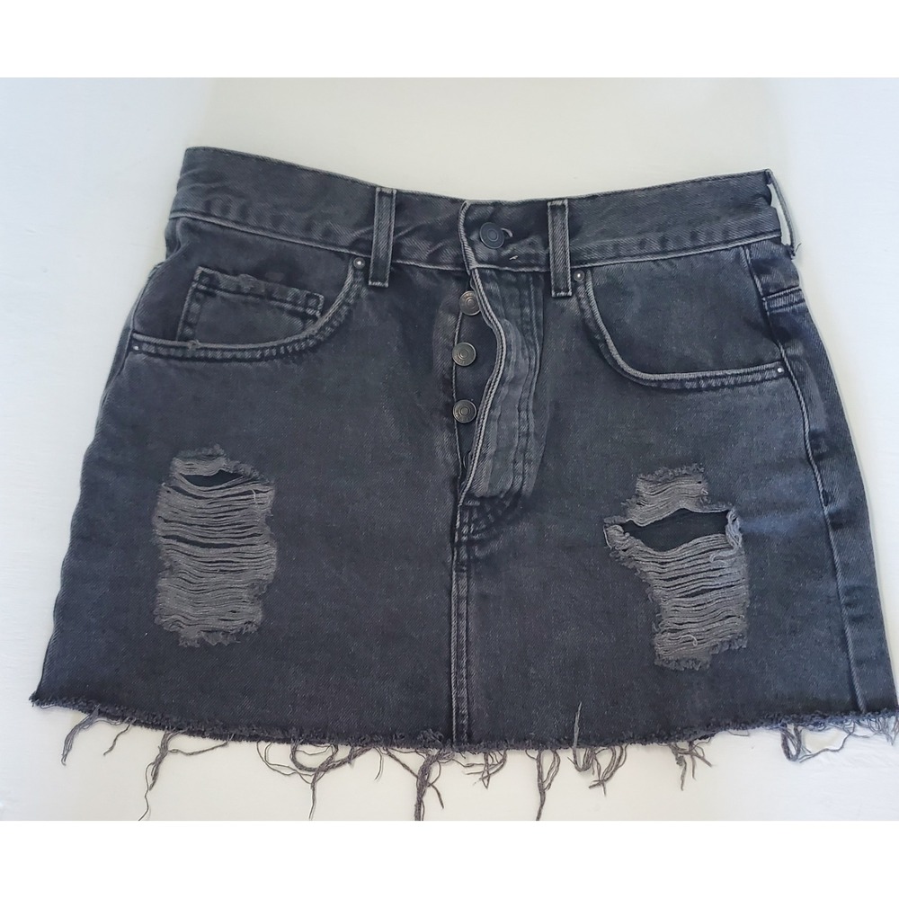 Forever 21 Black Denim Mini Skirt Ripped Distressed Frayed Hem Size 27